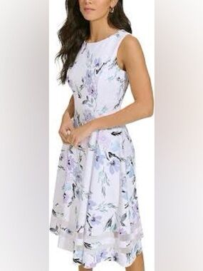 Calvin Klein A-line Printed Scuba Dress with Illusion Hem Detail